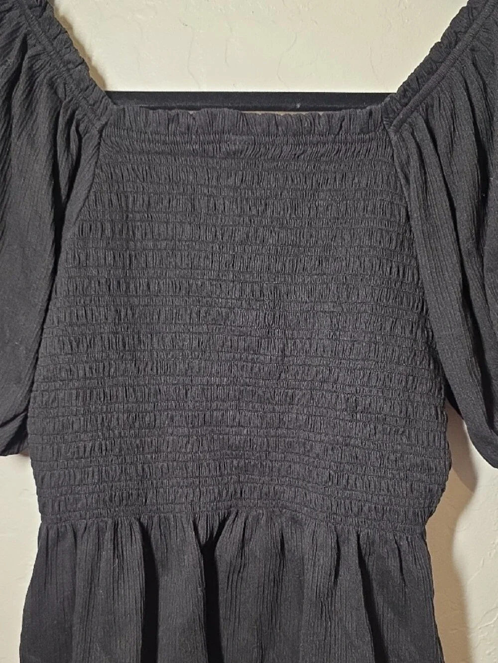 Women’s Black Boho Smocked Off-Shoulder Puff Sleeve Top